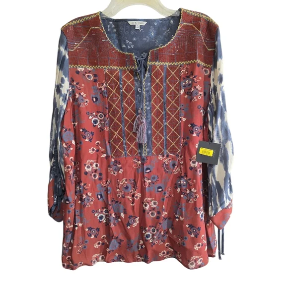 John Mark Mixed Print Embroidered Boho Blouse Top XL Floral Tie Dye - Picture 2 of 7